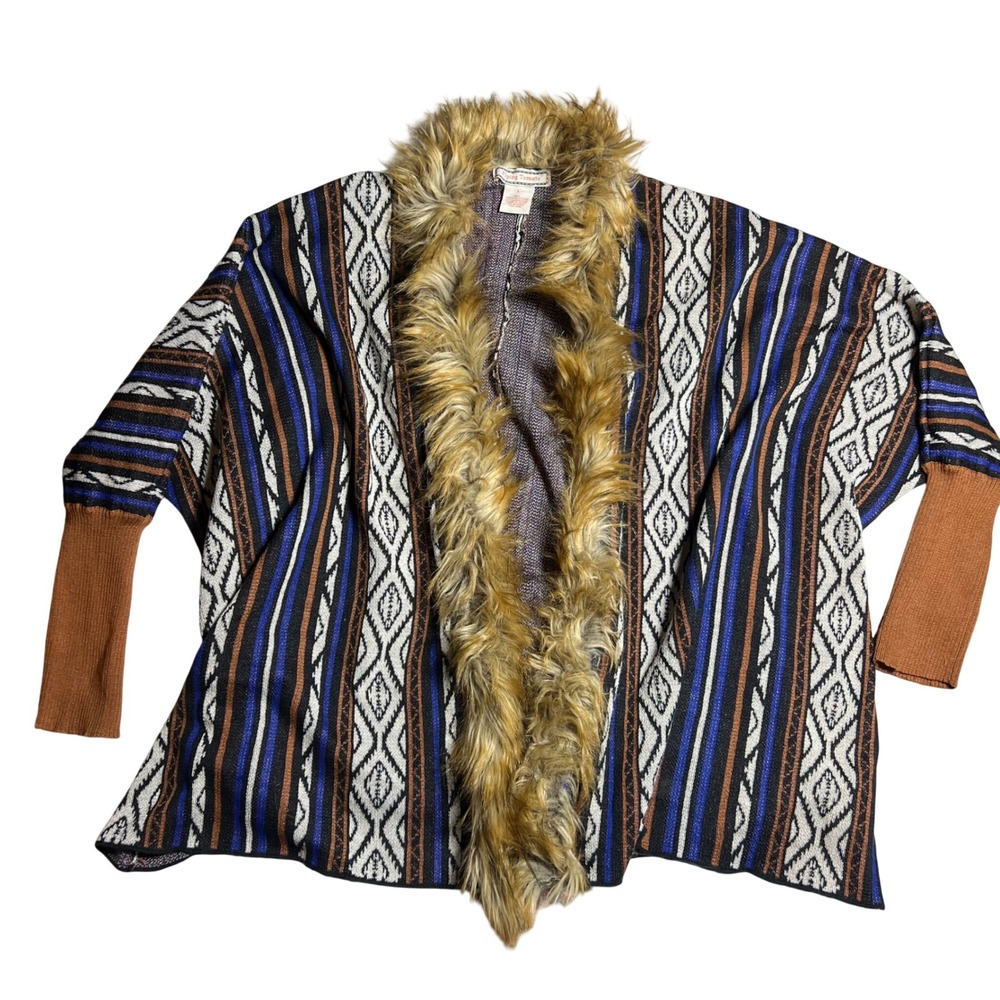 Flying Tomato Southwestern Faux Fur Collar Open Cardigan Blue Brown Large SW3560